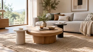 Runder Couchtisch aus Holz neben zwei kleinen Beistelltischen vor einem modernen Sofa