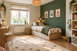 Einzelne kräftige Akzentwand umgeben von helleren Wänden in einem bunten Kinderzimmer