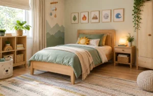 Materialien aus Holz, Stoff und hellen Farben vereint als Ausdruck der fünf Elemente im Kinderzimmer