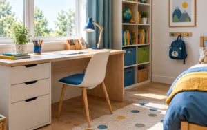 Konzentrationsfördernde, klare Farben am Schreibtischbereich in einem Kinderzimmer
