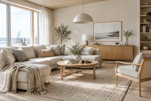 Helle Grundfarben Weiß und Greige kombiniert mit hellem Holz in einem skandinavischen Wohnzimmer