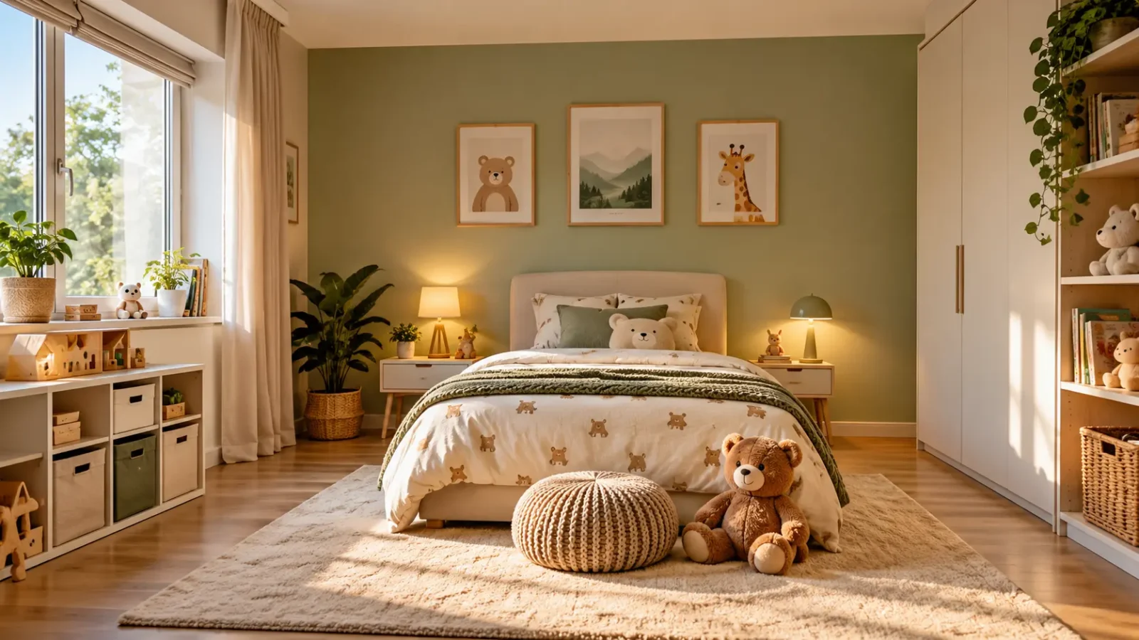 Harmonisch eingerichtetes Kinderzimmer mit Bett an stabiler Wand nach Feng-Shui-Prinzipien