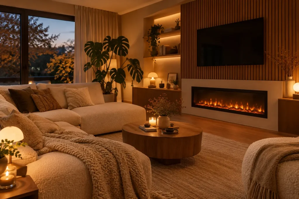 Gemütliches modernes Wohnzimmer mit Bouclé-Sofa, Strickdecke, Holzwand und Elektrokamin