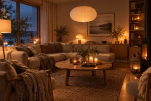 Mehrere warme Lichtquellen und Kerzen schaffen Hygge-Atmosphäre in einem skandinavischen Wohnzimmer