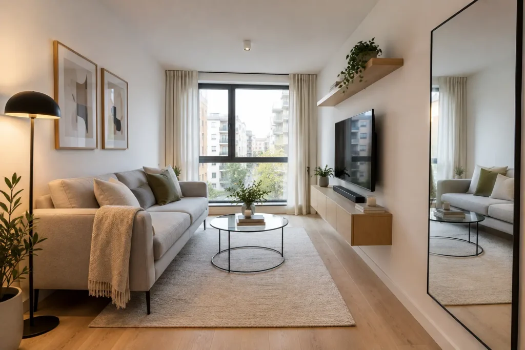 Kleines modernes Wohnzimmer mit hellem Sofa auf hohen Beinen, Glas-Couchtisch, großem Wandspiegel und wandmontiertem Fernseher