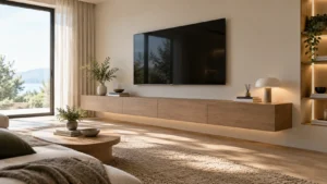 Langes, niedriges Lowboard mit grifflosen Fronten unter einem Fernseher im modernen Wohnzimmer