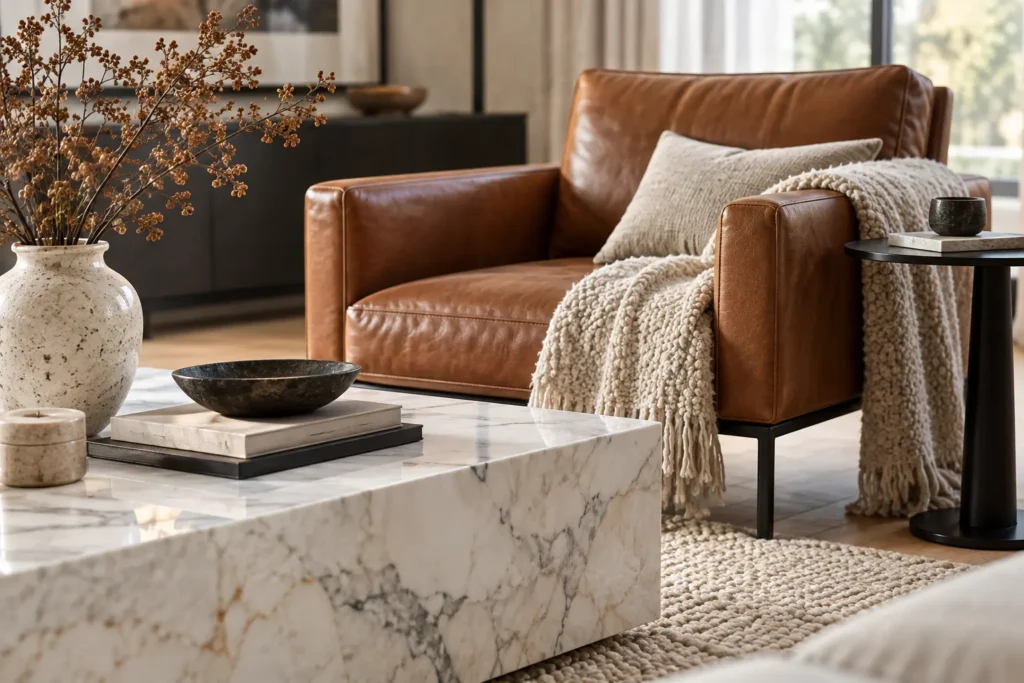 Detailansicht von Couchtisch aus Marmor, Ledersessel, Metallleuchte und Wollplaid im modernen Wohnzimmer