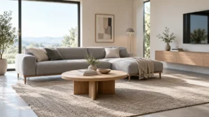 Modernes graues Sofa mit niedriger Rückenlehne und schmalen Beinen als Beispiel für moderne Wohnzimmermöbel