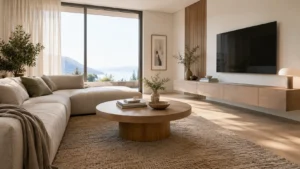 Modernes Wohnzimmer mit niedrigem Sofa, Couchtisch aus Holz und Lowboard in neutralen Farben