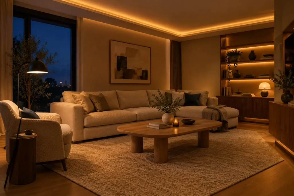 Modernes Wohnzimmer am Abend mit Stehleuchte, Tischleuchte und indirektem LED-Licht in warmweißem Licht