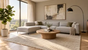 Modernes Wohnzimmer mit grauem Ecksofa, Couchtisch aus Eiche, großem Teppich und Stehleuchte