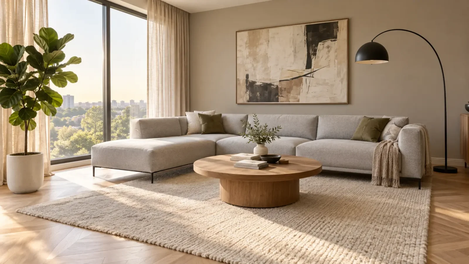Modernes Wohnzimmer mit grauem Ecksofa, Couchtisch aus Eiche, großem Teppich und Stehleuchte