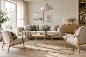 Sofa und Sessel auf schlanken Holzbeinen im skandinavischen Wohnzimmer mit Naturtextilien
