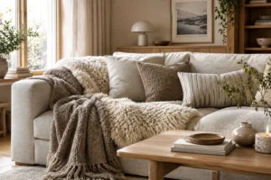 Schurwolle, Leinen und Schaffell als Naturtextilien auf einem Sofa im skandinavischen Wohnzimmer