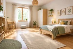 Aufgeräumtes, klares Kinderzimmer ohne Unordnung für einen freien Energiefluss nach Feng Shui