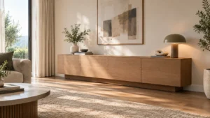 Modernes Sideboard mit glatten Fronten als Stauraum neben einem Sofa im Wohnzimmer