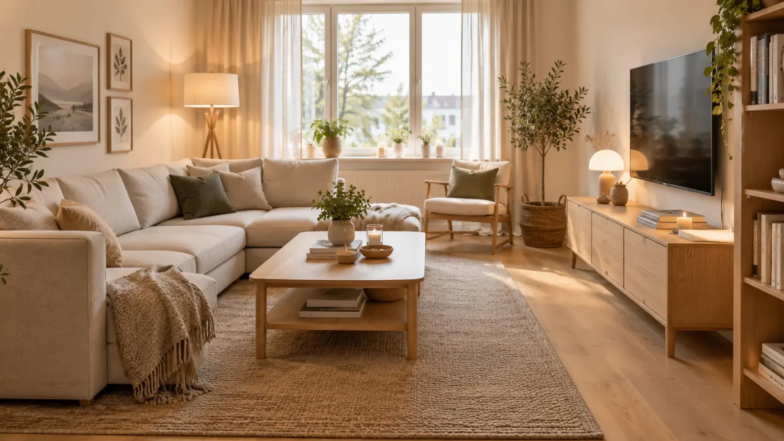 Skandinavisches Wohnzimmer mit hellem Sofa, Holzmöbeln und warmem Licht in neutralen Farben