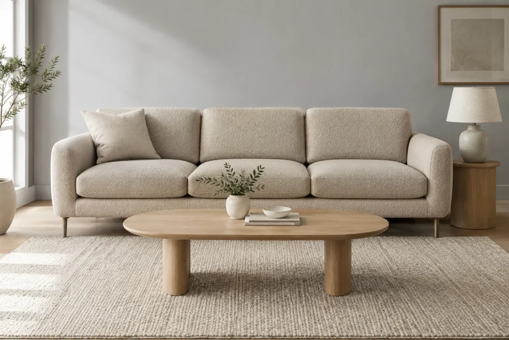 Modernes Sofa in Beige mit ovalem Couchtisch auf großem Teppich, Vorderbeine des Sofas auf dem Teppich